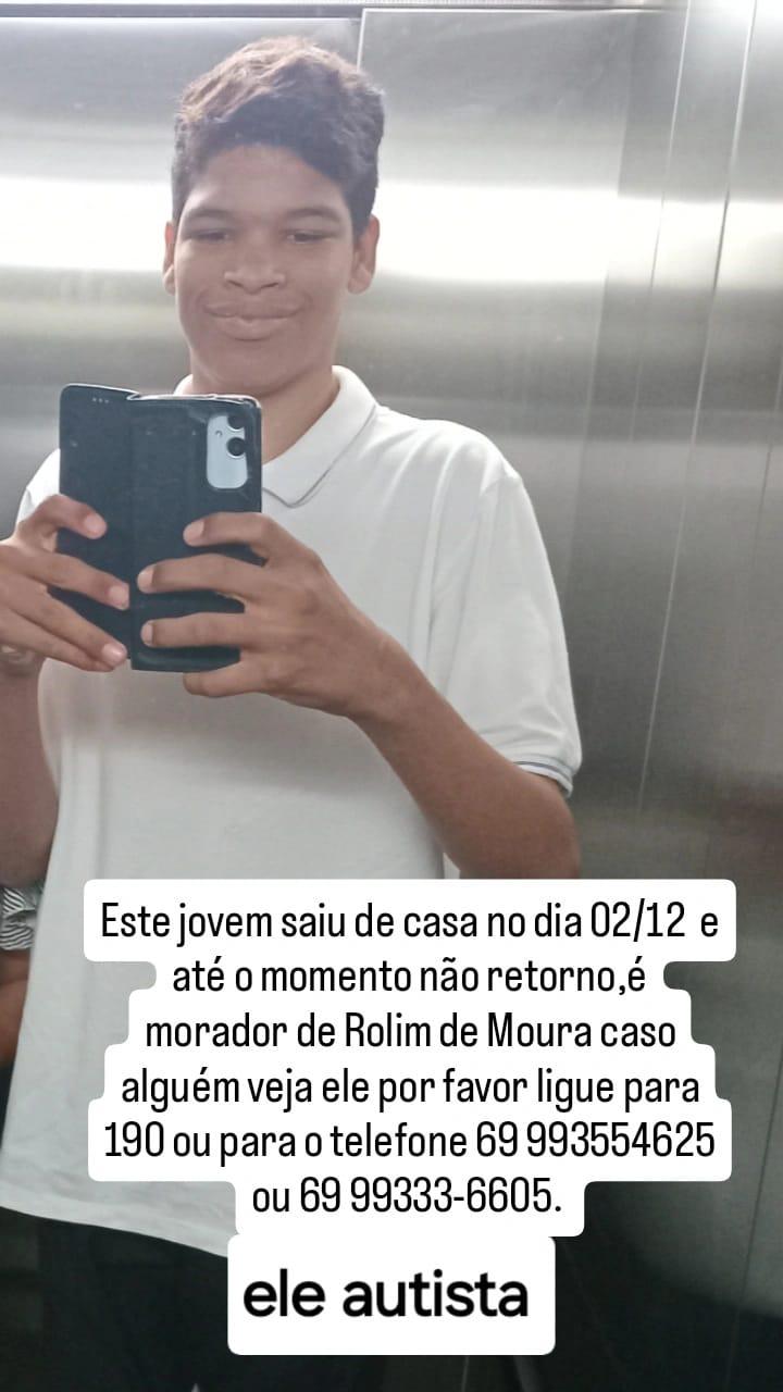 Jovem autista está desaparecido em Rolim de Moura desde 2 de dezembro